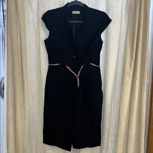 Calvin Klein Black Midi Button-Front Dress with Cream Trim